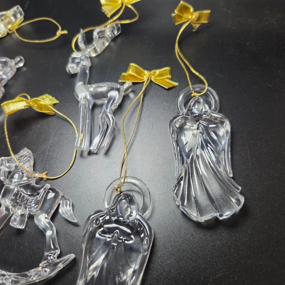 Clear Plastic Christmas Ornaments Set of 6 Reindeer Angel Rocking Horse Gold Bow